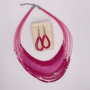hot pink beaded necklace and earrings set